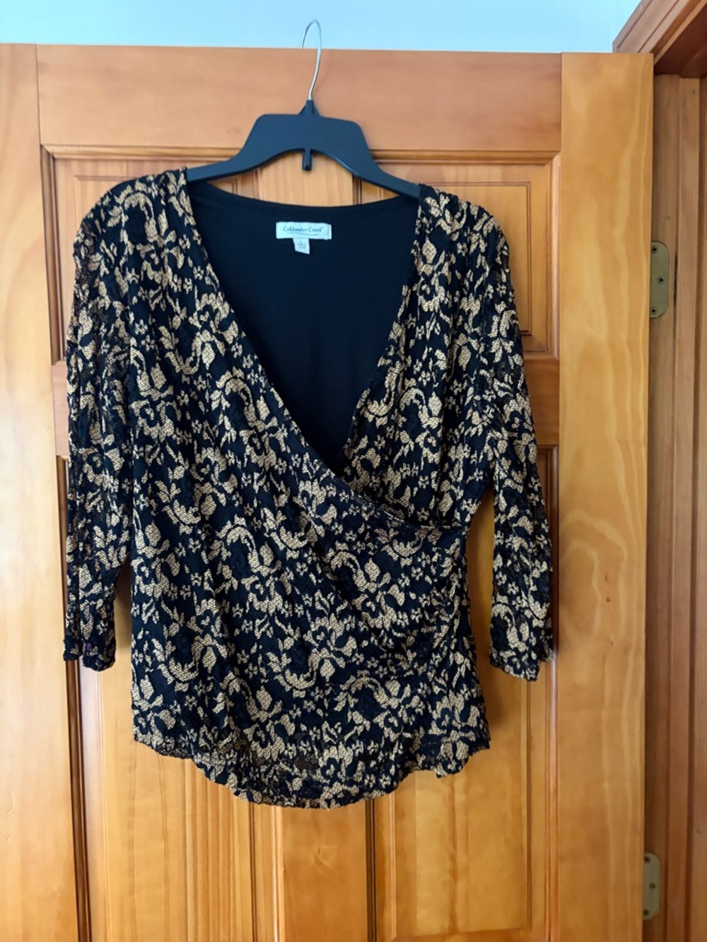 Coldwater Creek Gold Black Lace Overlay Floral Slurplice Top Sz L